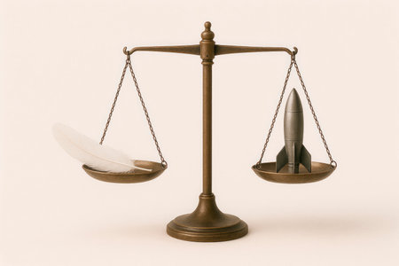 Photorealistic scales with feather and rocket, symbol of weight and strength. Space for textの素材