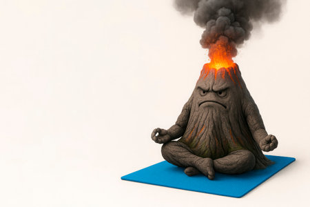 Erupting volcano in meditation pose. Space for textの素材