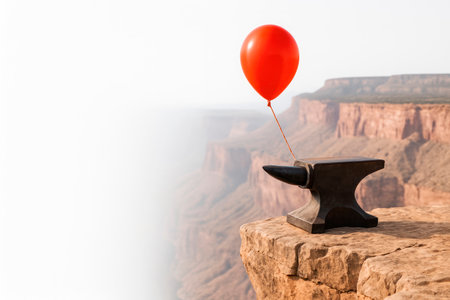 A red ball tied to an anvil on a cliff. Space for textの素材