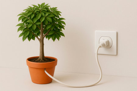A potted tree plugged into an electrical outletの素材
