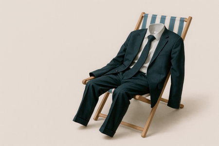 An empty business suit on a chaise lounge symbolizes a break from work. Space for textの素材