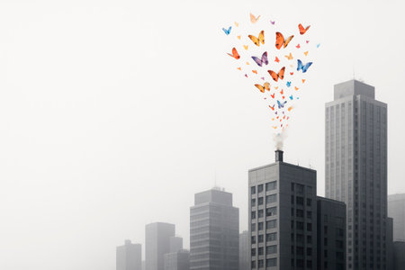 Colorful butterflies fly out of the chimney above the city. Space for textの素材