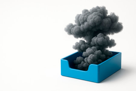 Black smoke rising from a blue container on a light background. Space for textの素材