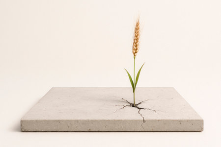 An ear of wheat making its way through a cracked concrete slab. Space for textの素材