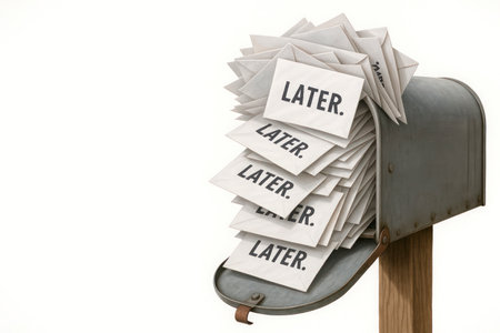 An overflowing inbox with LATER emails is a symbol of procrastination. Space for textの素材