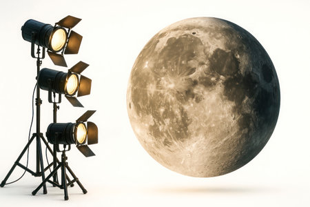 The illuminated moon in front of the studio spotlightsの素材
