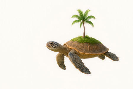 A sea turtle with a tiny island and a palm tree on its shell. Space for textの素材