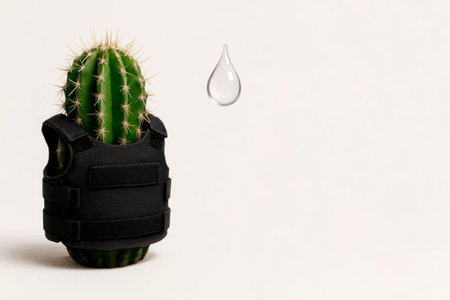 A cactus in a bulletproof vest in front of a drop of water. Space for textの素材