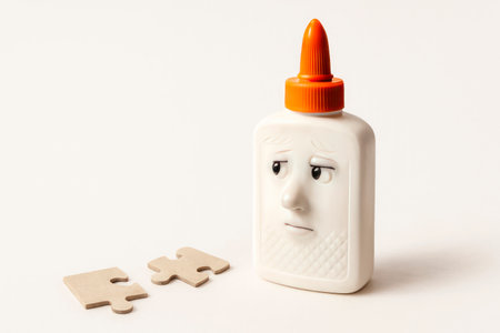 Glue with a sad face next to the puzzle pieces. Space for textの素材