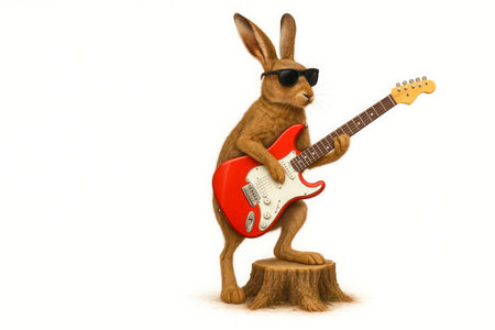 A rabbit with glasses playing an electric guitar. Space for textの素材
