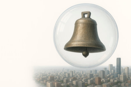 A large bell in a glass bubble above the city. Space for textの素材