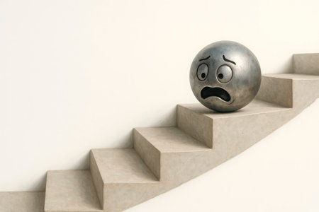 A metal ball with a face of fear rolling down the stairs. Space for textの素材