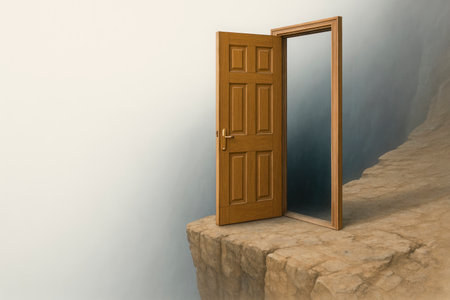 An open door on the edge of a cliff. Space for textの素材