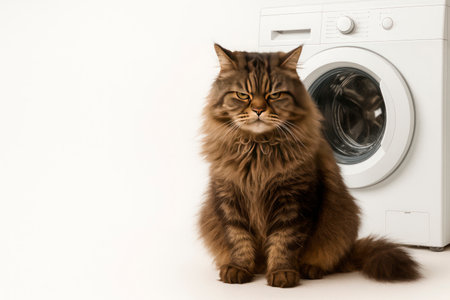A shaggy cat is dissatisfied against the background of a washing machine. Space for textの素材