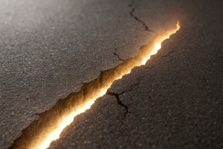 Light emanating from a crack in the asphalt. Space for textの素材