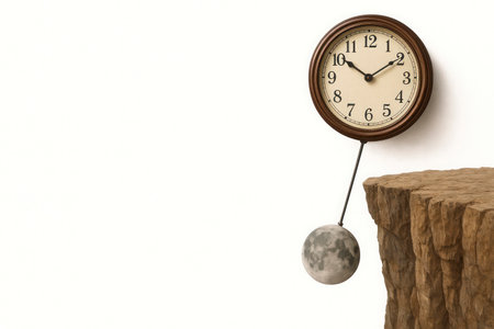 Wall clock with a pendulum in the form of a moon over a cliff. Space for textの素材