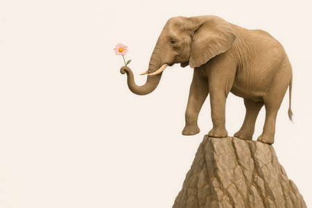 An elephant on top of a cliff holds a fragile flower with its trunk. Space for textの素材