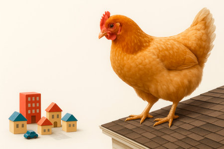 A huge chicken looks at a toy city. Space for textの素材