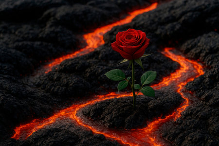 A red rose grows among hot flowing lavaの素材