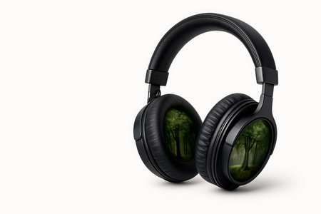 Headphones with a forest landscape inside the ear pads. Space for textの素材