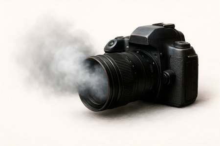 A camera with smoke coming out of its lens. Space for textの素材