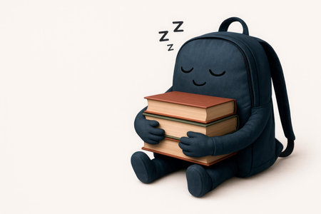 Sleeping backpack with books in hand. Space for textの素材