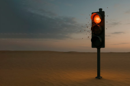 A traffic light in the desert surrounded by insects at a red light. Space for textの素材