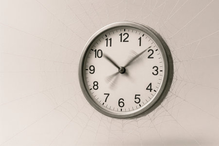 A wall clock covered with cobwebs, with swiftly moving handsの素材