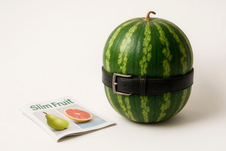 A watermelon, tightened with a belt, next to a magazine about slender fruits. Space for textの素材