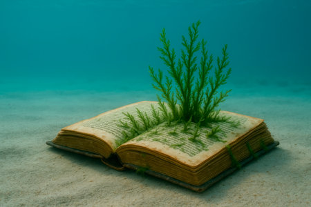 An open book under water, from the pages of which algae growの素材
