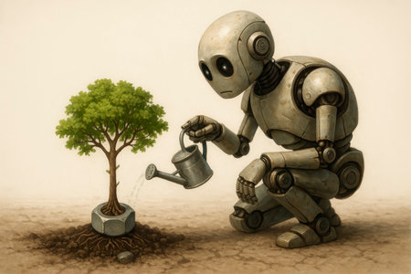 A robot is watering a tree growing from a nut. Space for textの素材