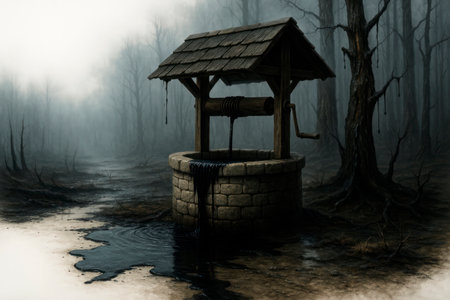 A well from which a black liquid flows into the foggy forest. Space for textの素材