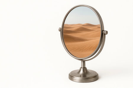 A mirror reflecting desert sand dunes. Space for textの素材