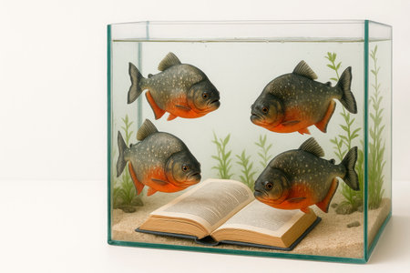 A book in an aquarium with piranhas. Space for textの素材