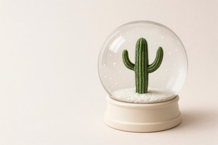 Cactus in a snow glass globe. Space for textの素材