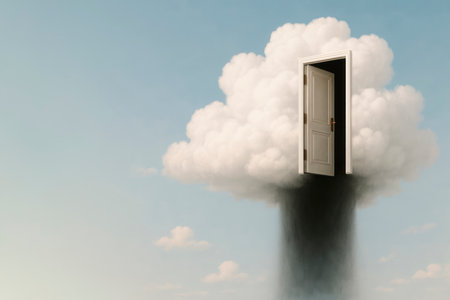 An open door in a cloud with a shadow underneath. Space for textの素材