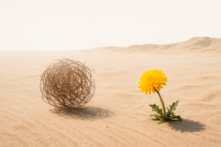 Dandelion and tumbleweed in the desert against the backdrop of sand dunes. Space for textの素材