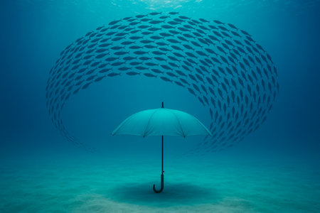 An umbrella underwater with a shoal of fish is protection and harmonyの素材