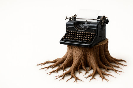 An old typewriter on a stump with tree roots. Space for textの素材