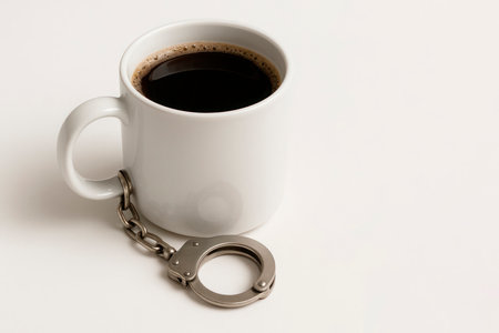 A cup of coffee handcuffed. Space for textの素材