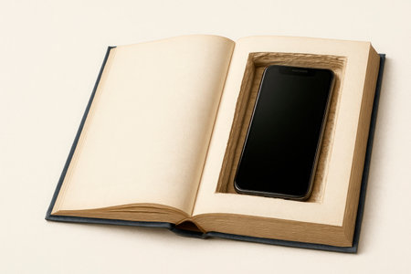 A smartphone hidden in a book is a conflict of technology and knowledgeの素材