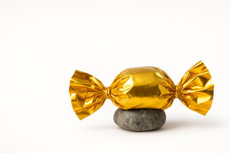 A candy in a gold wrapper on a stone as a symbol of deception. Space for textの素材