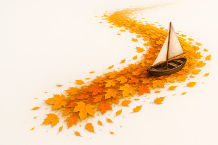 A boat sailing along a river of autumn leaves. Space for textの素材