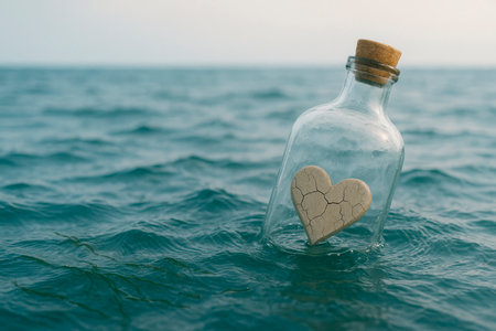 A cracked heart in a bottle, floating in the ocean. Space for textの素材