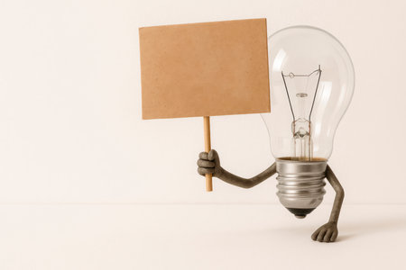A light bulb with hands holding a sign for text. Space for textの素材