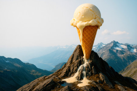 A giant ice cream in the form of a mountain from which a river flowsの素材