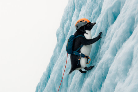 A penguin in climbing equipment climbs the ice. Space for textの素材