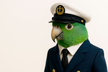 A parrot in a naval uniform with a cap. Space for textの素材