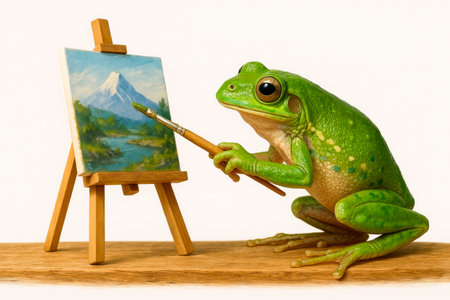 A green frog draws a landscape on an easelの素材