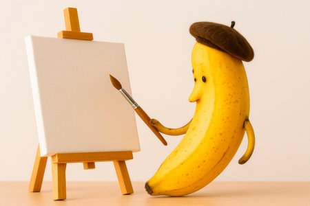 Banana in a beret draws a picture on an easelの素材